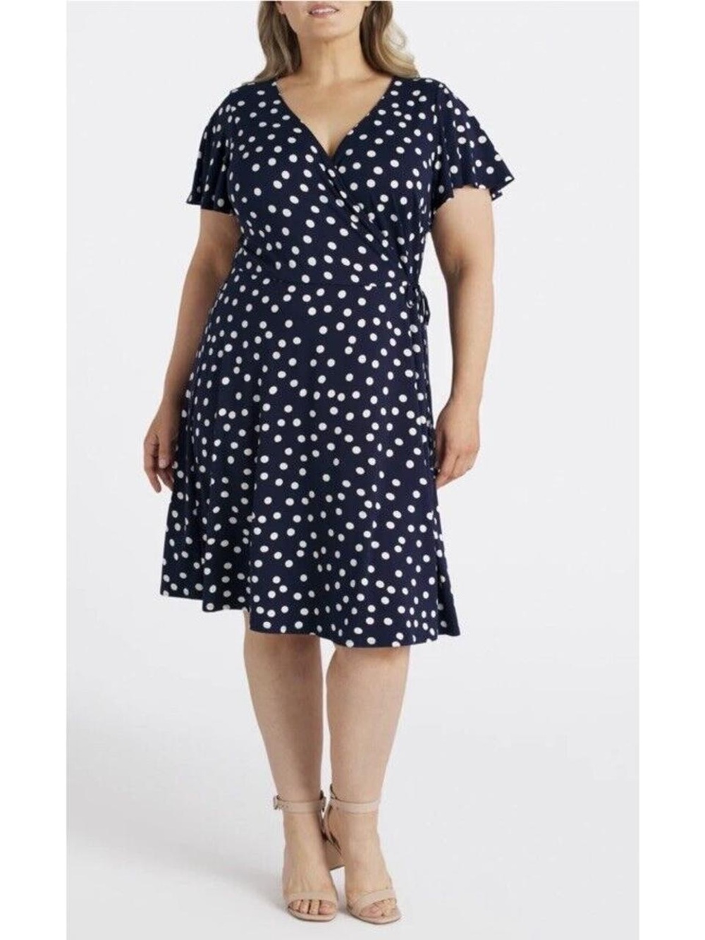 Navy Polka Dot Wrap Midi Dress